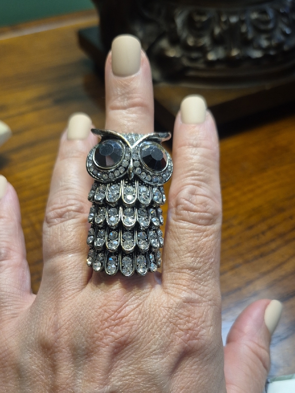 Vintage Metal Silver Crystal Articulated Owl Double Ring 2”